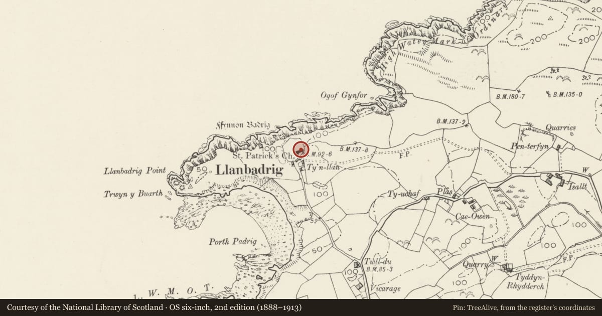 Ordnance Survey six-inch map, 2nd edition (1888–1913) covering the location of Church of St Padrig, Llanbadrig, Isle of Anglesey, with a pin at the register's coordinates