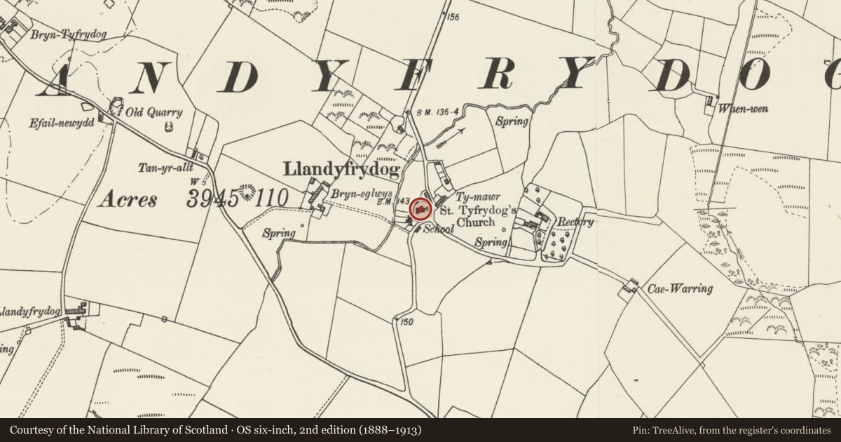 Ordnance Survey six-inch map, 2nd edition (1888–1913) covering the location of Church of St Tyfrydog, Rhosybol, Isle of Anglesey, with a pin at the register's coordinates