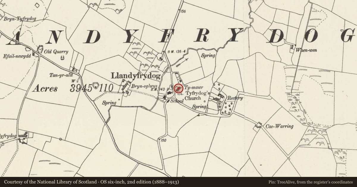 Ordnance Survey six-inch map, 2nd edition (1888–1913) covering the location of Ty Mawr, Rhosybol, Isle of Anglesey, with a pin at the register's coordinates