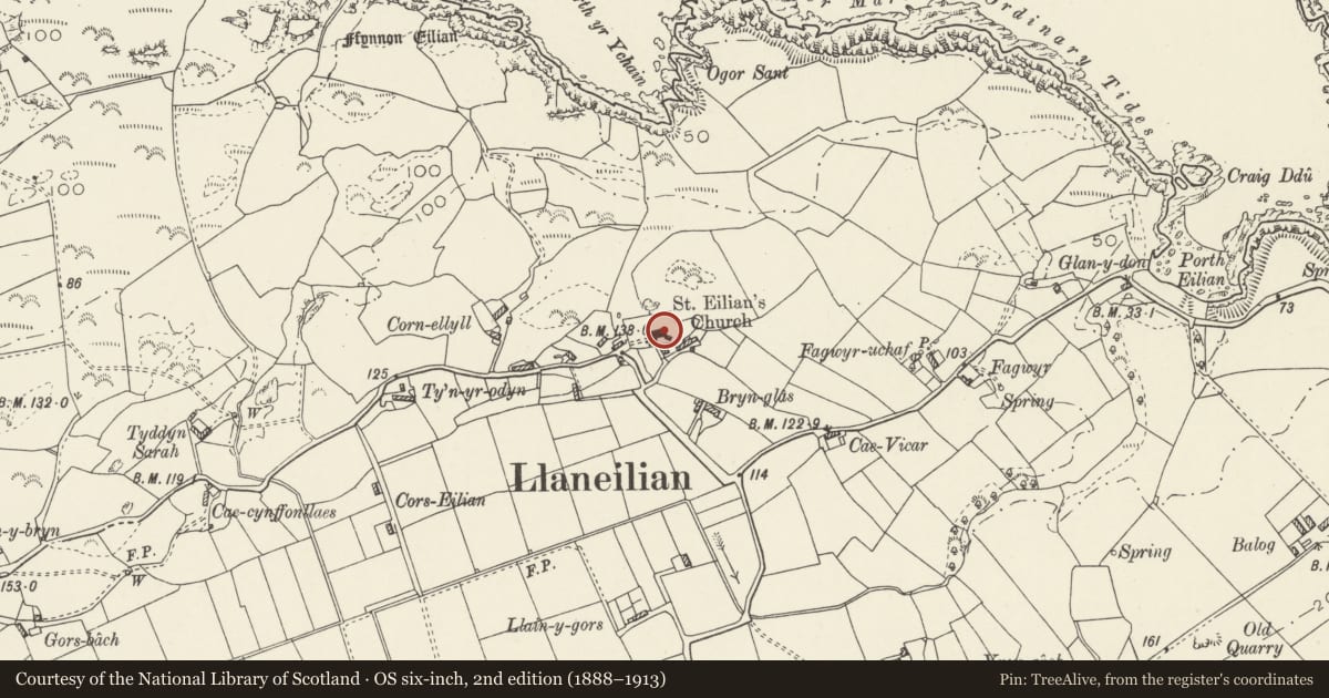 Ordnance Survey six-inch map, 2nd edition (1888–1913) covering the location of Church of St Eilian, Llaneilian, Isle of Anglesey, with a pin at the register's coordinates