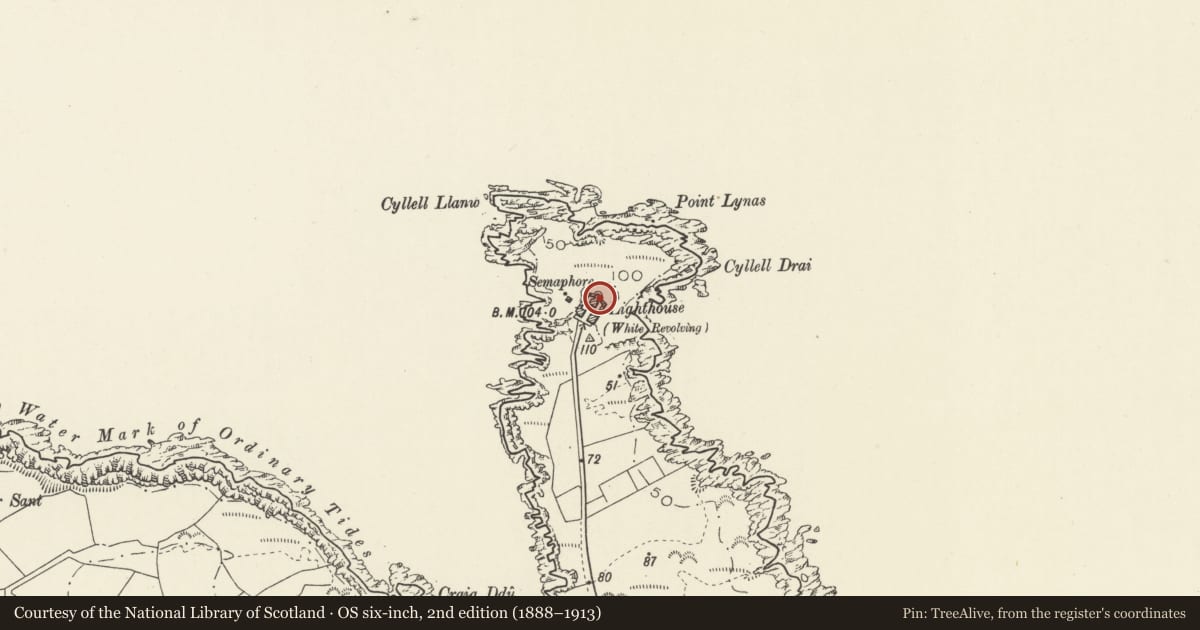 Ordnance Survey six-inch map, 2nd edition (1888–1913) covering the location of Point Lynas Lighthouse and Telegraph Station with accommodation blocks and enclosure walls, Llaneilian, Isle of Anglesey, with a pin at the register's coordinates