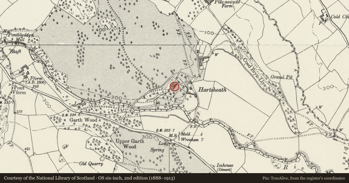 Ordnance Survey six-inch map, 2nd edition (1888–1913) covering the location of Hartsheath Hall, Leeswood and Pontblyddyn, Flintshire, with a pin at the register's coordinates