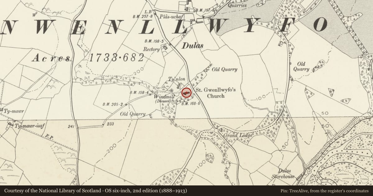 Ordnance Survey six-inch map, 2nd edition (1888–1913) covering the location of Church of St Gwenllwyfo, Llaneilian, Isle of Anglesey, with a pin at the register's coordinates