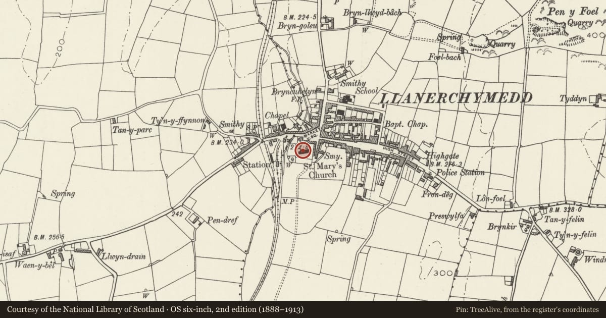 Ordnance Survey six-inch map, 2nd edition (1888–1913) covering the location of Church of St Mary, Llannerch-y-Medd, Isle of Anglesey, with a pin at the register's coordinates