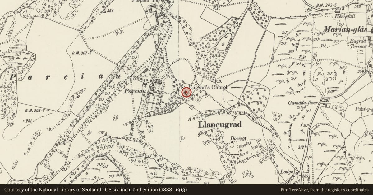Ordnance Survey six-inch map, 2nd edition (1888–1913) covering the location of Church of St. Eugrad, Llaneugrad, Isle of Anglesey, with a pin at the register's coordinates