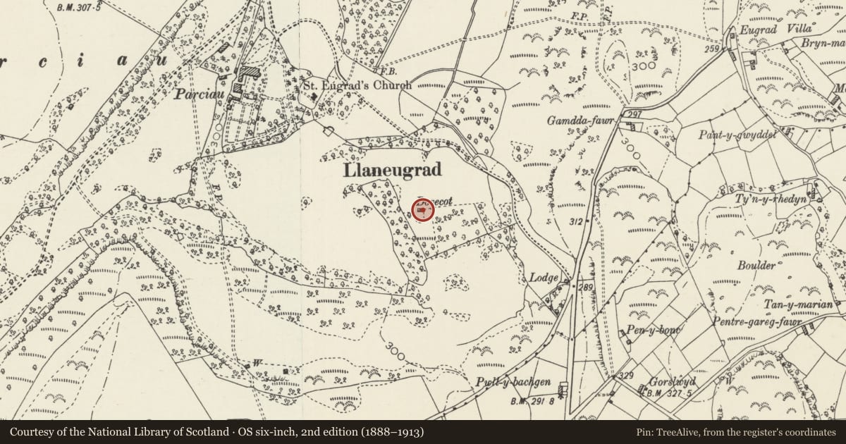 Ordnance Survey six-inch map, 2nd edition (1888–1913) covering the location of Parciau dovecote, Llaneugrad, Isle of Anglesey, with a pin at the register's coordinates