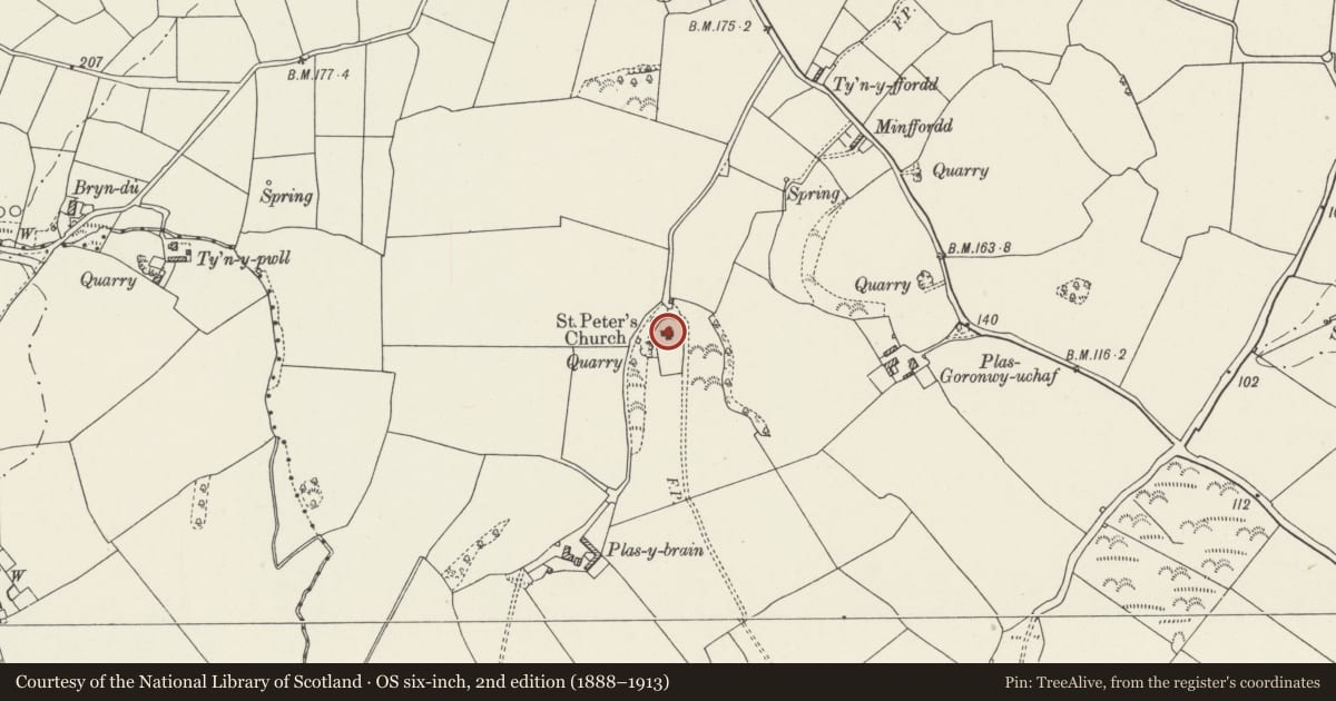 Ordnance Survey six-inch map, 2nd edition (1888–1913) covering the location of Church of St Peter, Llanfair-Mathafarn-Eithaf, Isle of Anglesey, with a pin at the register's coordinates