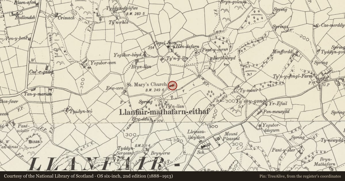 Ordnance Survey six-inch map, 2nd edition (1888–1913) covering the location of Church of St Mary, Llanfair-Mathafarn-Eithaf, Isle of Anglesey, with a pin at the register's coordinates