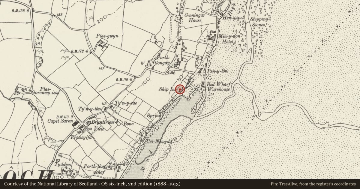 Ordnance Survey six-inch map, 2nd edition (1888–1913) covering the location of The Ship Inn, Llanfair-Mathafarn-Eithaf, Isle of Anglesey, with a pin at the register's coordinates