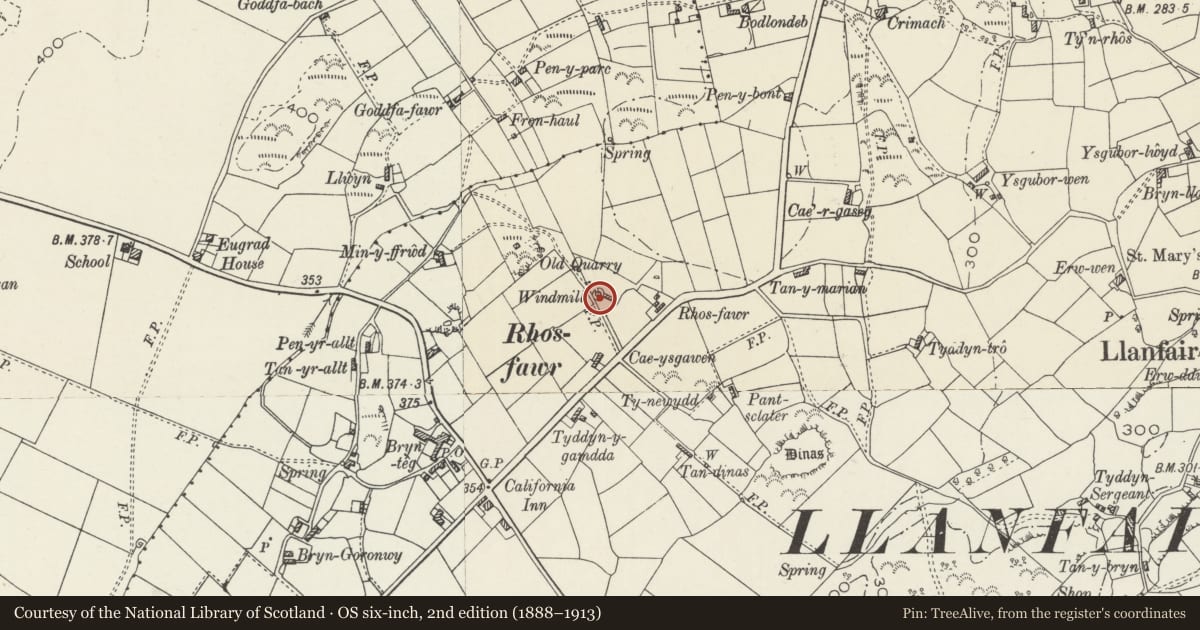 Ordnance Survey six-inch map, 2nd edition (1888–1913) covering the location of Melin Rhosfawr, Llanfair-Mathafarn-Eithaf, Isle of Anglesey, with a pin at the register's coordinates