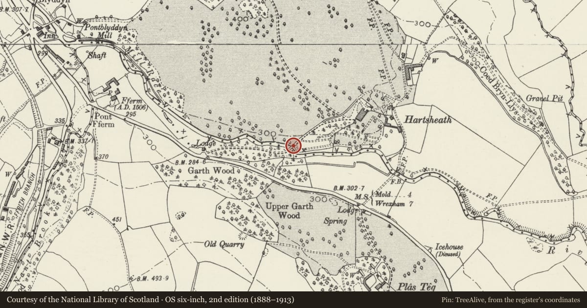 Ordnance Survey six-inch map, 2nd edition (1888–1913) covering the location of Bridge over River Alyn at Hartsheath, Leeswood and Pontblyddyn, Flintshire, with a pin at the register's coordinates