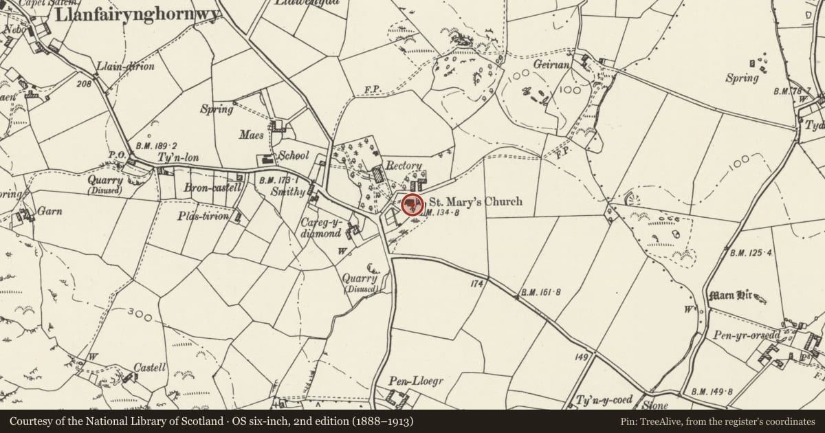 Ordnance Survey six-inch map, 2nd edition (1888–1913) covering the location of Church of St Mary, Cylch-y-Garn, Isle of Anglesey, with a pin at the register's coordinates