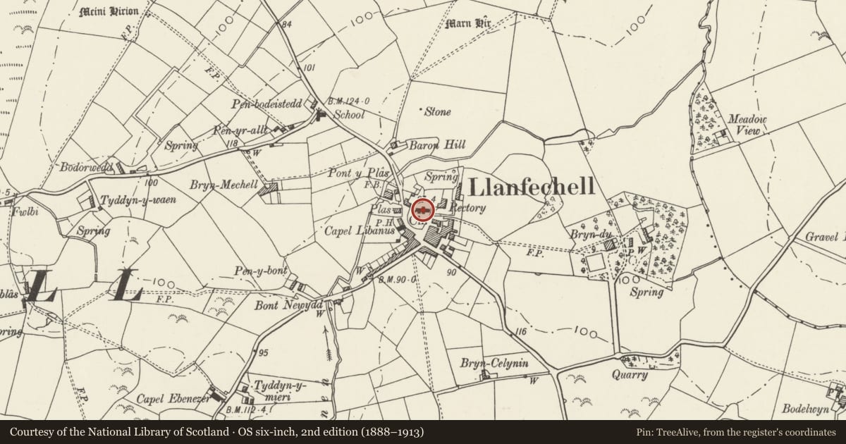 Ordnance Survey six-inch map, 2nd edition (1888–1913) covering the location of Church of St Mechell, Isle of Anglesey, with a pin at the register's coordinates