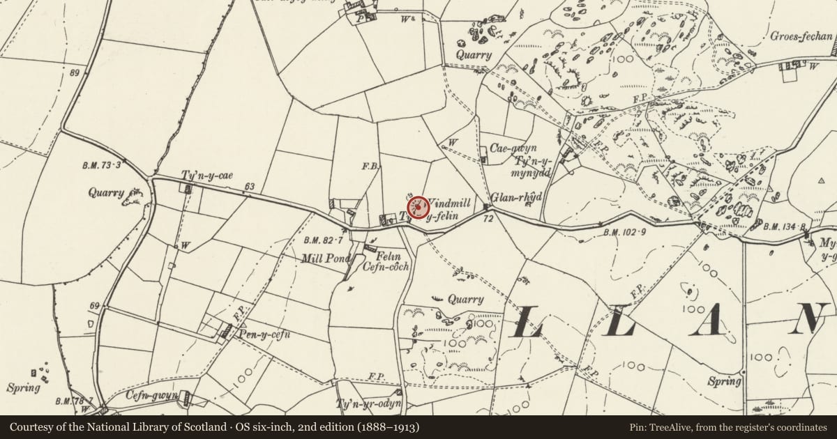 Ordnance Survey six-inch map, 2nd edition (1888–1913) covering the location of Melin Cefn Coch, Mechell, Isle of Anglesey, with a pin at the register's coordinates