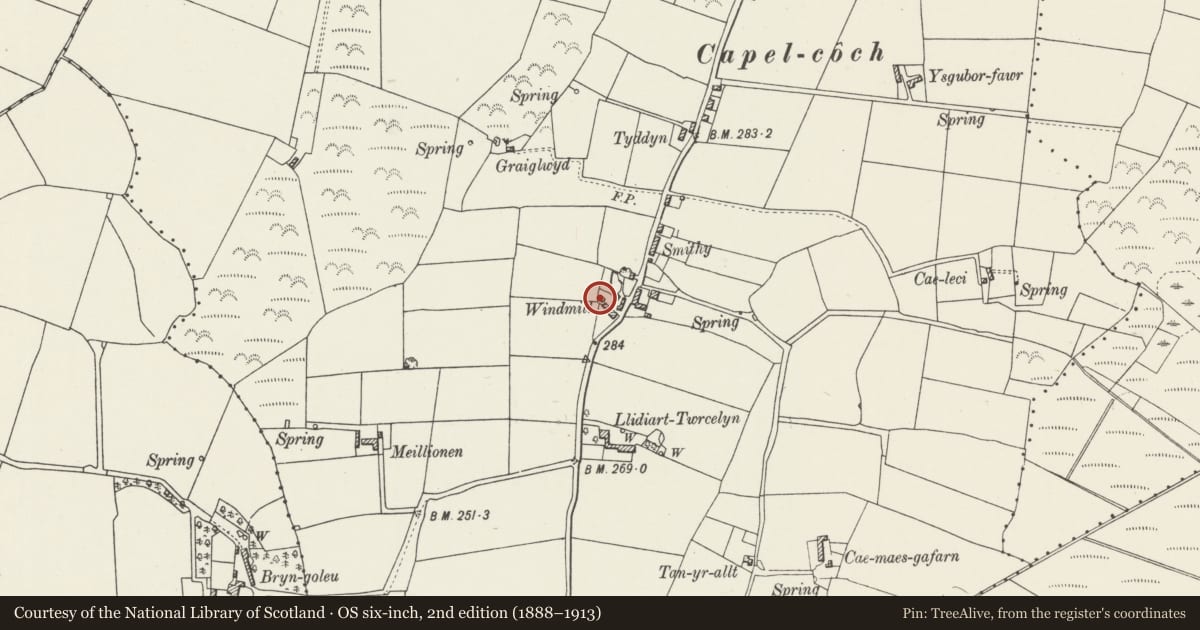 Ordnance Survey six-inch map, 2nd edition (1888–1913) covering the location of Melin Llidiart, Llanddyfnan, Isle of Anglesey, with a pin at the register's coordinates