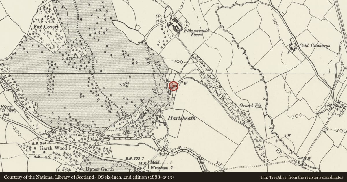 Ordnance Survey six-inch map, 2nd edition (1888–1913) covering the location of Coach-house and Stables to NE of Hartsheath, Leeswood and Pontblyddyn, Flintshire, with a pin at the register's coordinates