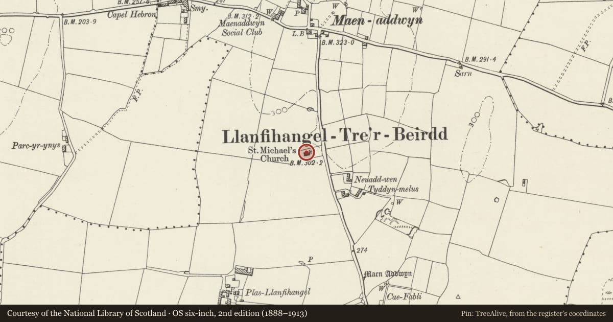 Ordnance Survey six-inch map, 2nd edition (1888–1913) covering the location of Church of St Michael, Llanddyfnan, Isle of Anglesey, with a pin at the register's coordinates