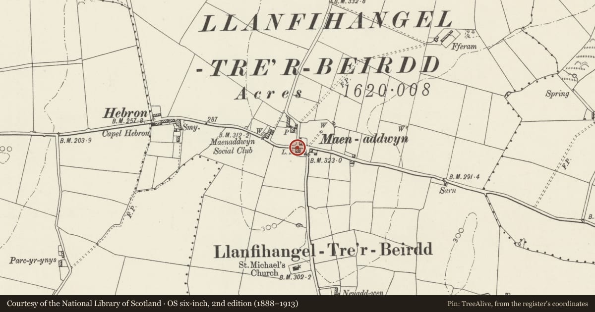 Ordnance Survey six-inch map, 2nd edition (1888–1913) covering the location of Former Post Office, Llanddyfnan, Isle of Anglesey, with a pin at the register's coordinates