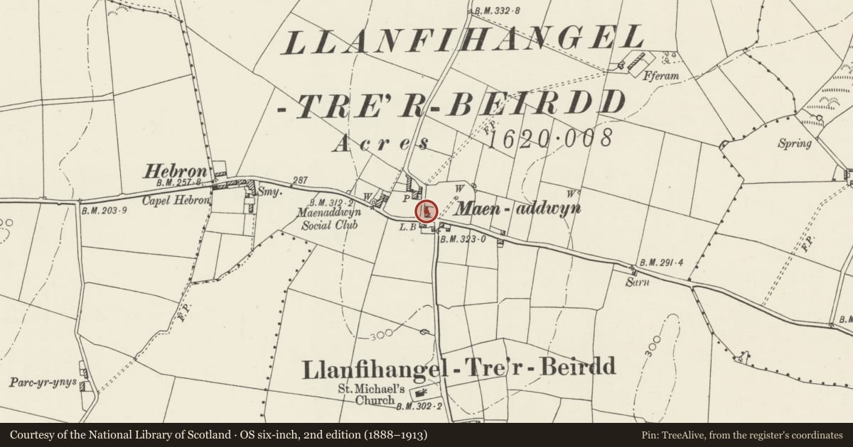 Ordnance Survey six-inch map, 2nd edition (1888–1913) covering the location of Ty Newydd, Llanddyfnan, Isle of Anglesey, with a pin at the register's coordinates