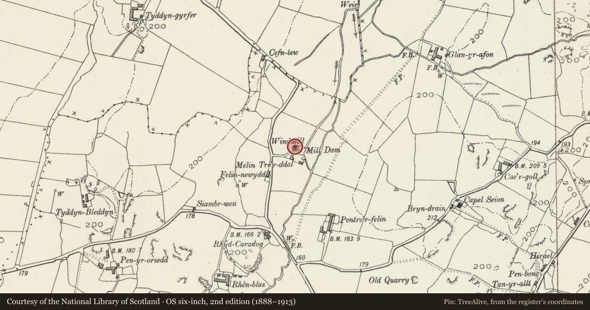 Ordnance Survey six-inch map, 2nd edition (1888–1913) covering the location of Melin Newydd, Bodffordd, Isle of Anglesey, with a pin at the register's coordinates