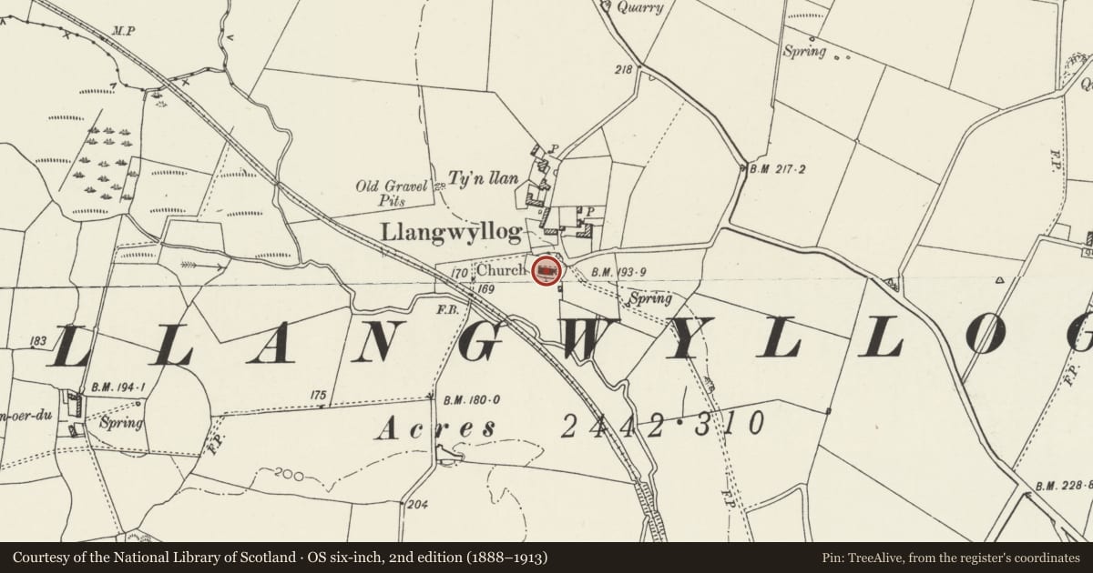 Ordnance Survey six-inch map, 2nd edition (1888–1913) covering the location of Church of St Cwyllog, Llanddyfnan, Isle of Anglesey, with a pin at the register's coordinates