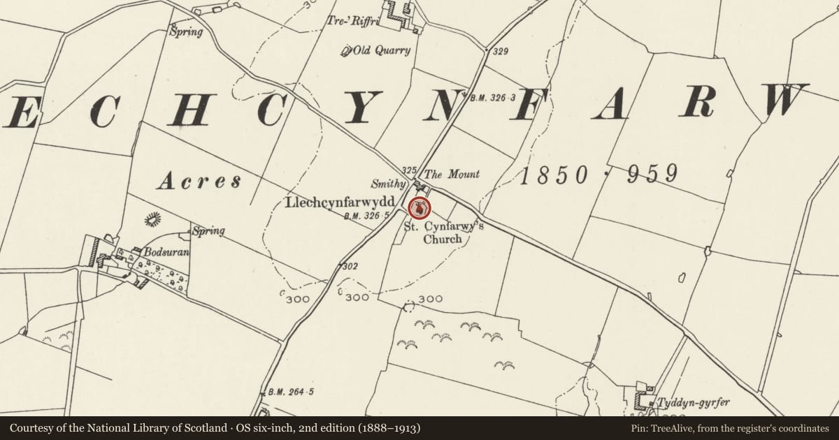 Ordnance Survey six-inch map, 2nd edition (1888–1913) covering the location of Church of St Cynfarwy, Tref Alaw, Isle of Anglesey, with a pin at the register's coordinates