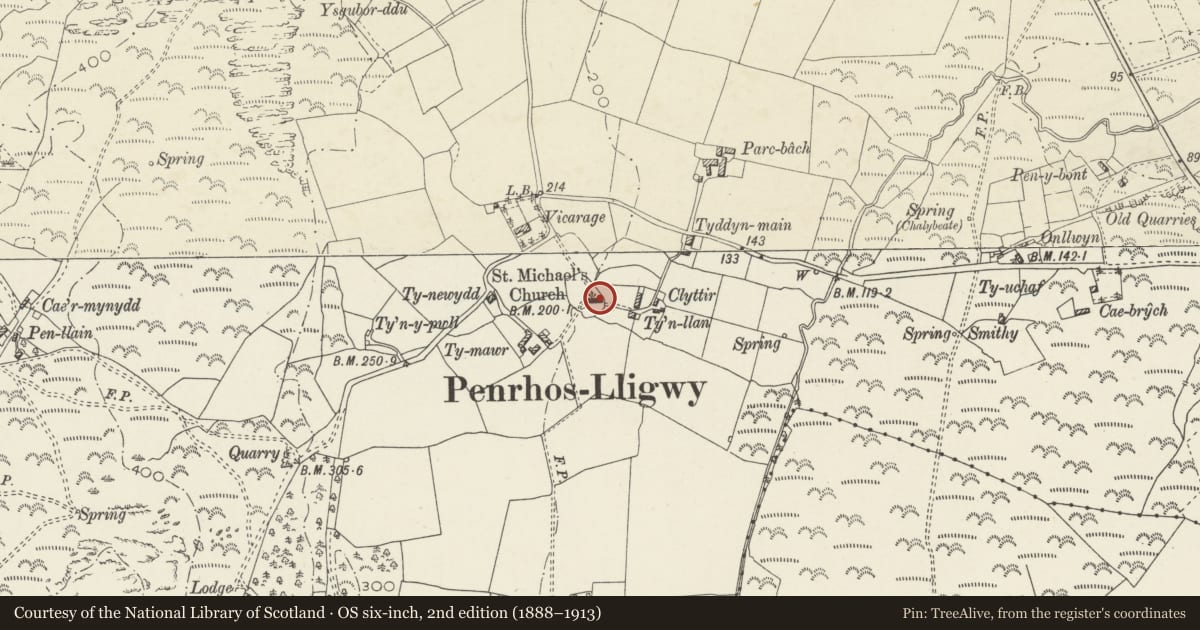 Ordnance Survey six-inch map, 2nd edition (1888–1913) covering the location of Church of St Michael, Moelfre, Isle of Anglesey, with a pin at the register's coordinates