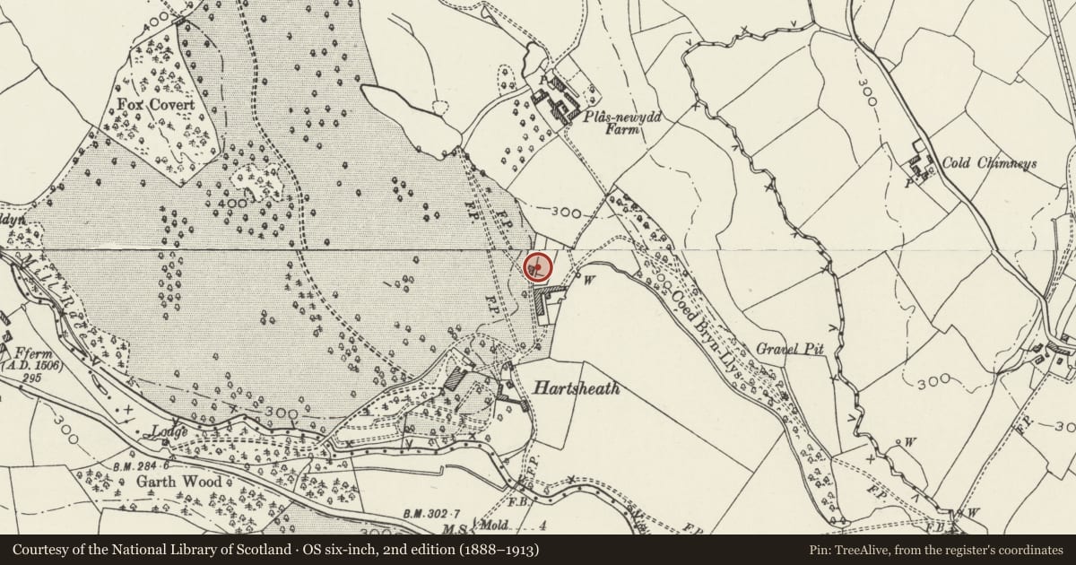 Ordnance Survey six-inch map, 2nd edition (1888–1913) covering the location of Park Cottage to N of Coach-house and Stables at Hartsheath, Leeswood and Pontblyddyn, Flintshire, with a pin at the register's coordinates