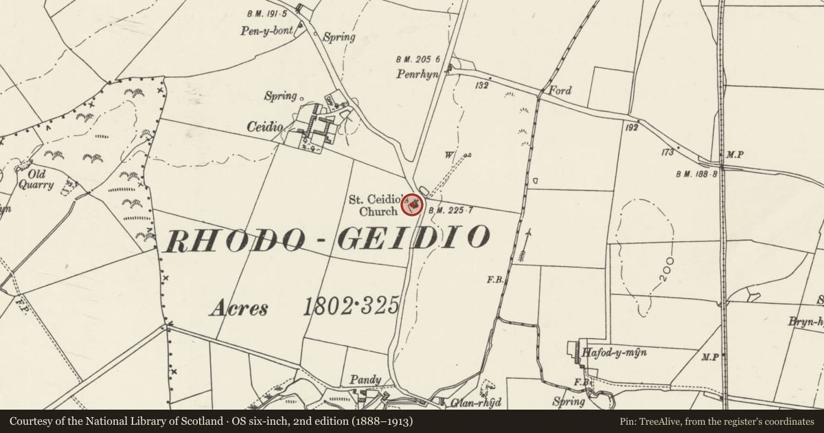 Ordnance Survey six-inch map, 2nd edition (1888–1913) covering the location of Church of St Ceidio, Llannerch-y-Medd, Isle of Anglesey, with a pin at the register's coordinates