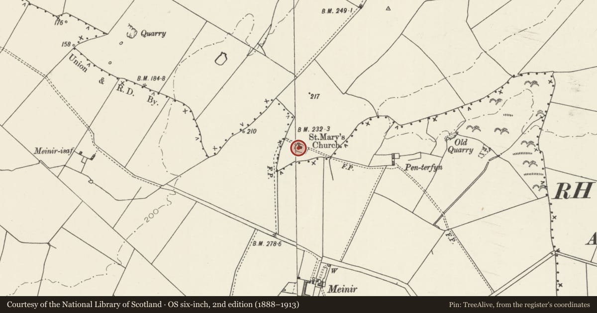 Ordnance Survey six-inch map, 2nd edition (1888–1913) covering the location of Church of St Mary (disused), Llannerch-y-Medd, Isle of Anglesey, with a pin at the register's coordinates