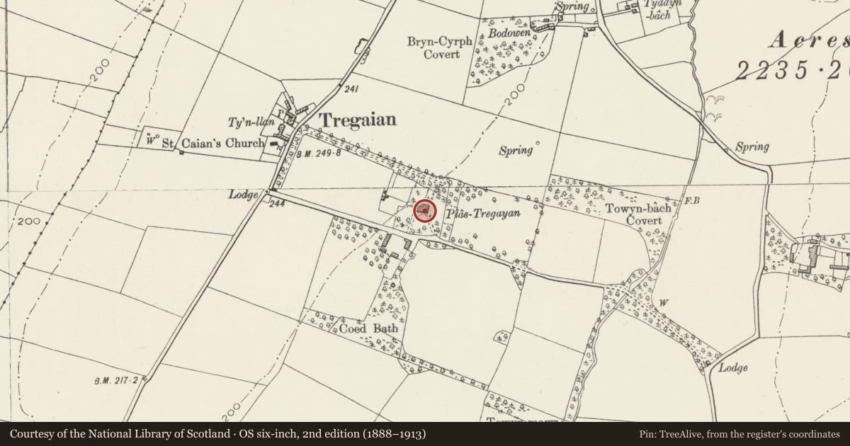 Ordnance Survey six-inch map, 2nd edition (1888–1913) covering the location of Plas Tregayan, Llanddyfnan, Isle of Anglesey, with a pin at the register's coordinates