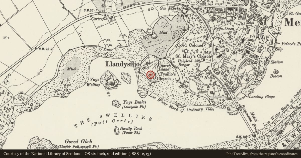 Ordnance Survey six-inch map, 2nd edition (1888–1913) covering the location of Church of St. Tysilio, Menai Bridge, Isle of Anglesey, with a pin at the register's coordinates