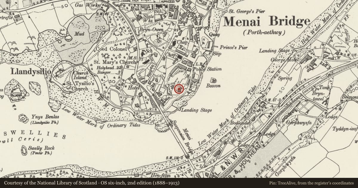 Ordnance Survey six-inch map, 2nd edition (1888–1913) covering the location of The Cambria, Menai Bridge, Isle of Anglesey, with a pin at the register's coordinates