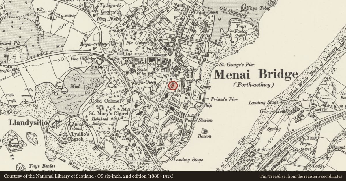 Ordnance Survey six-inch map, 2nd edition (1888–1913) covering the location of Victoria Hotel, Menai Bridge, Isle of Anglesey, with a pin at the register's coordinates