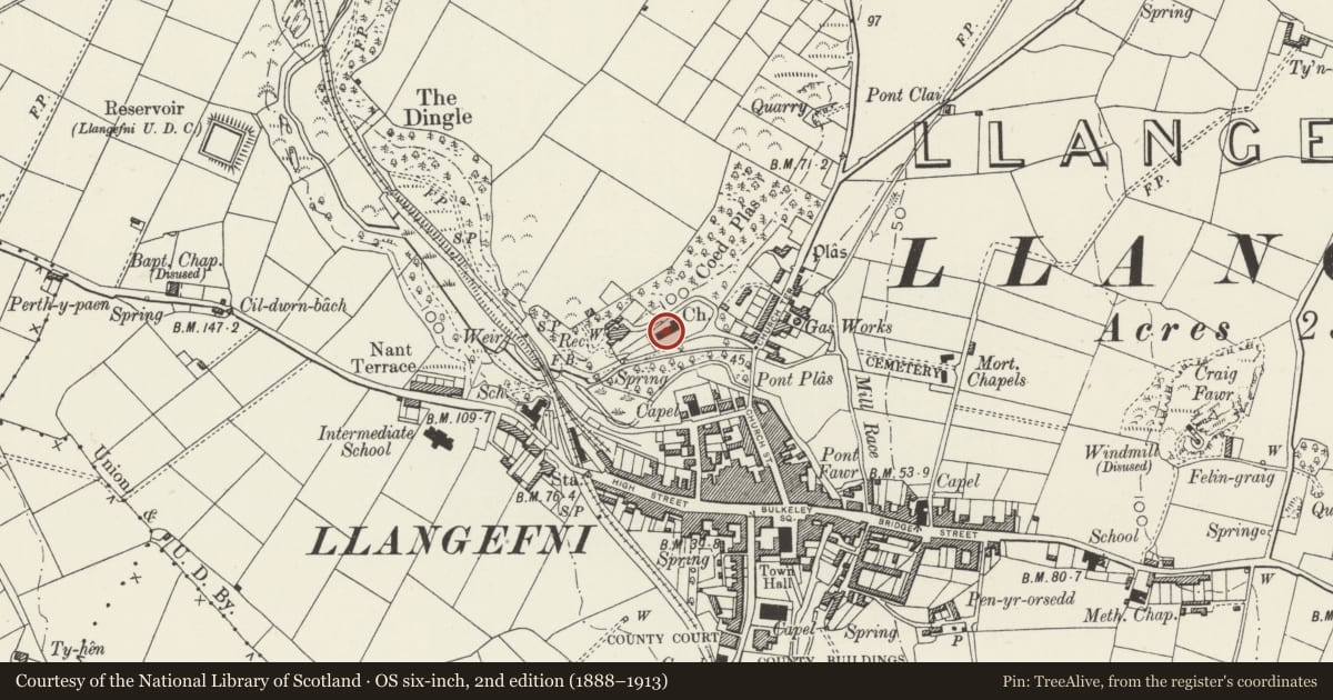 Ordnance Survey six-inch map, 2nd edition (1888–1913) covering the location of Church of St. Cyngar, Llangefni, Isle of Anglesey, with a pin at the register's coordinates