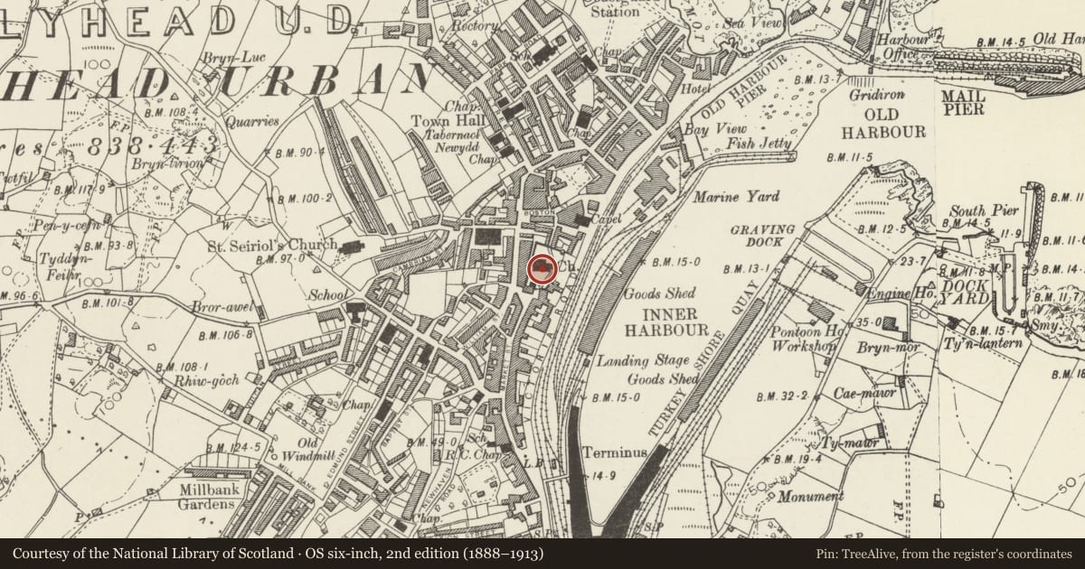 Ordnance Survey six-inch map, 2nd edition (1888–1913) covering the location of St Cybi's Church, Holyhead, Isle of Anglesey, with a pin at the register's coordinates