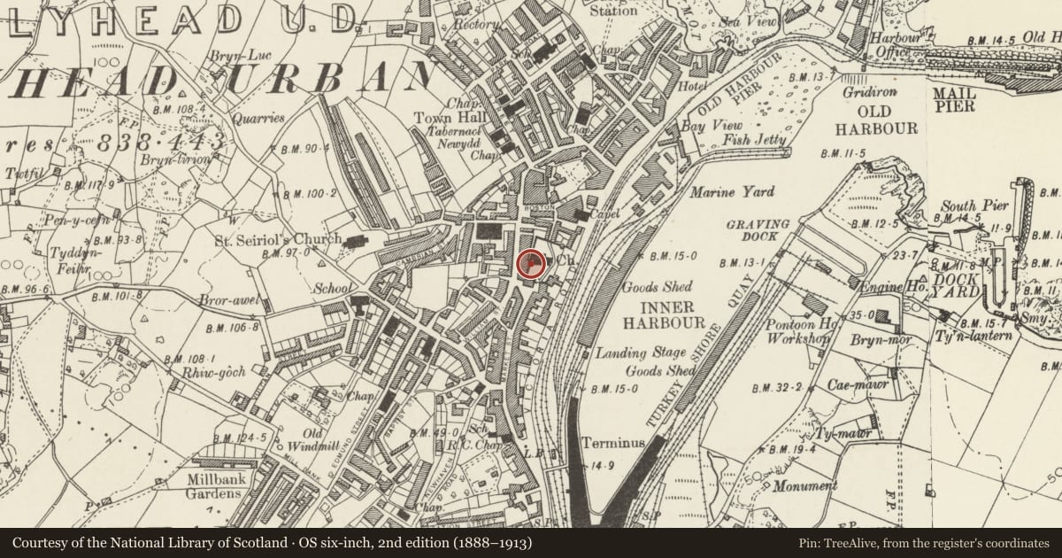 Ordnance Survey six-inch map, 2nd edition (1888–1913) covering the location of Walls of upper churchyard, Holyhead, Isle of Anglesey, with a pin at the register's coordinates