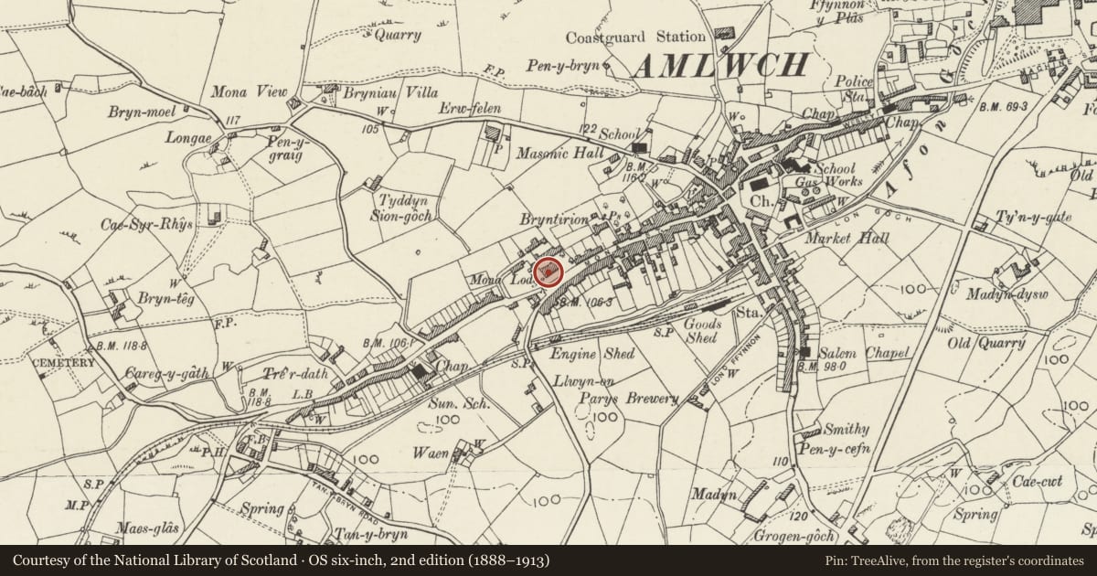 Ordnance Survey six-inch map, 2nd edition (1888–1913) covering the location of Mona Lodge, Amlwch, Isle of Anglesey, with a pin at the register's coordinates