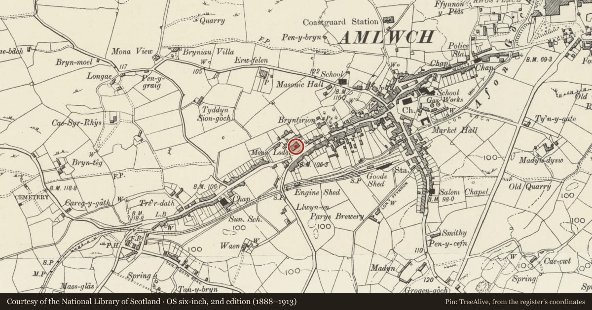 Ordnance Survey six-inch map, 2nd edition (1888–1913) covering the location of Mona Lodge, Amlwch, Isle of Anglesey, with a pin at the register's coordinates