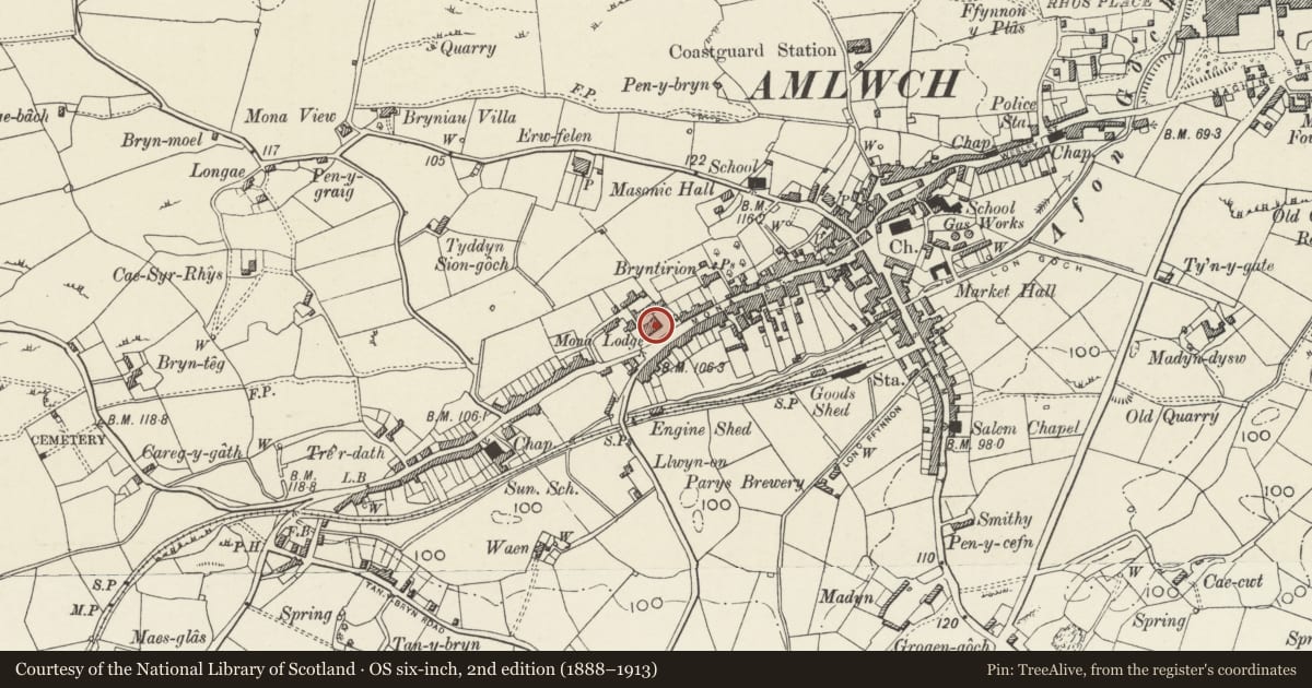 Ordnance Survey six-inch map, 2nd edition (1888–1913) covering the location of Mona Lodge, Amlwch, Isle of Anglesey, with a pin at the register's coordinates