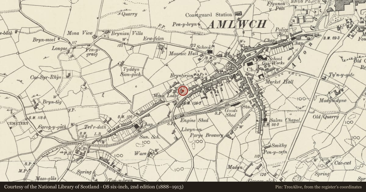 Ordnance Survey six-inch map, 2nd edition (1888–1913) covering the location of No.4 Mona Lodge, Amlwch, Isle of Anglesey, with a pin at the register's coordinates