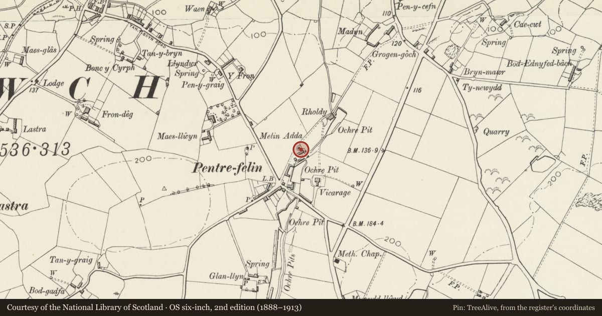 Ordnance Survey six-inch map, 2nd edition (1888–1913) covering the location of Melin Adda, Amlwch, Isle of Anglesey, with a pin at the register's coordinates