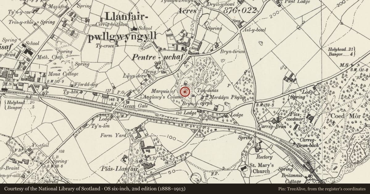 Ordnance Survey six-inch map, 2nd edition (1888–1913) covering the location of Anglesey Column, Llanfair Pwllgwyngyll, Isle of Anglesey, with a pin at the register's coordinates