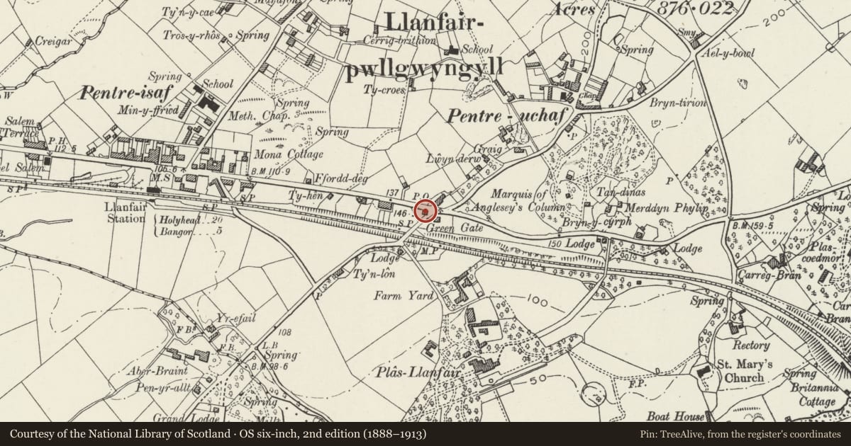 Ordnance Survey six-inch map, 2nd edition (1888–1913) covering the location of The Toll House, Llanfair Pwllgwyngyll, Isle of Anglesey, with a pin at the register's coordinates