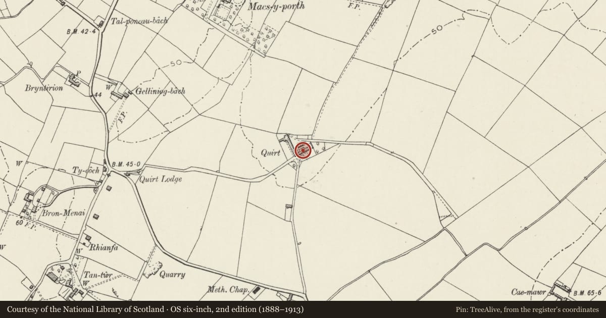 Ordnance Survey six-inch map, 2nd edition (1888–1913) covering the location of Capel Quirt, Rhosyr, Isle of Anglesey, with a pin at the register's coordinates