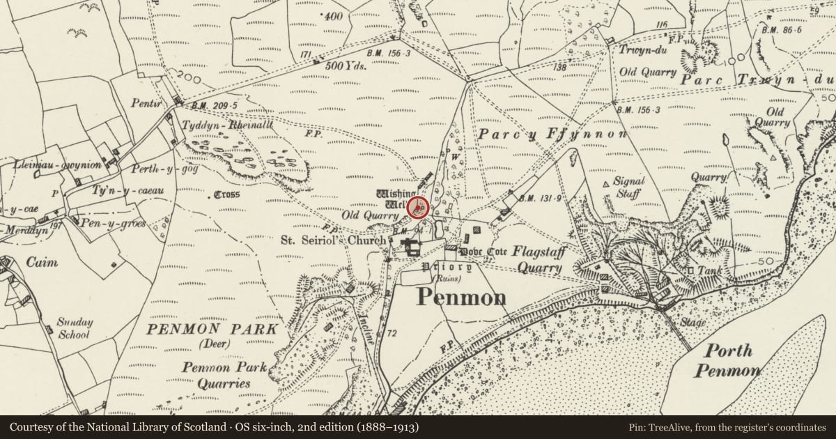 Ordnance Survey six-inch map, 2nd edition (1888–1913) covering the location of The Holy Well and Cell, Llangoed, Isle of Anglesey, with a pin at the register's coordinates