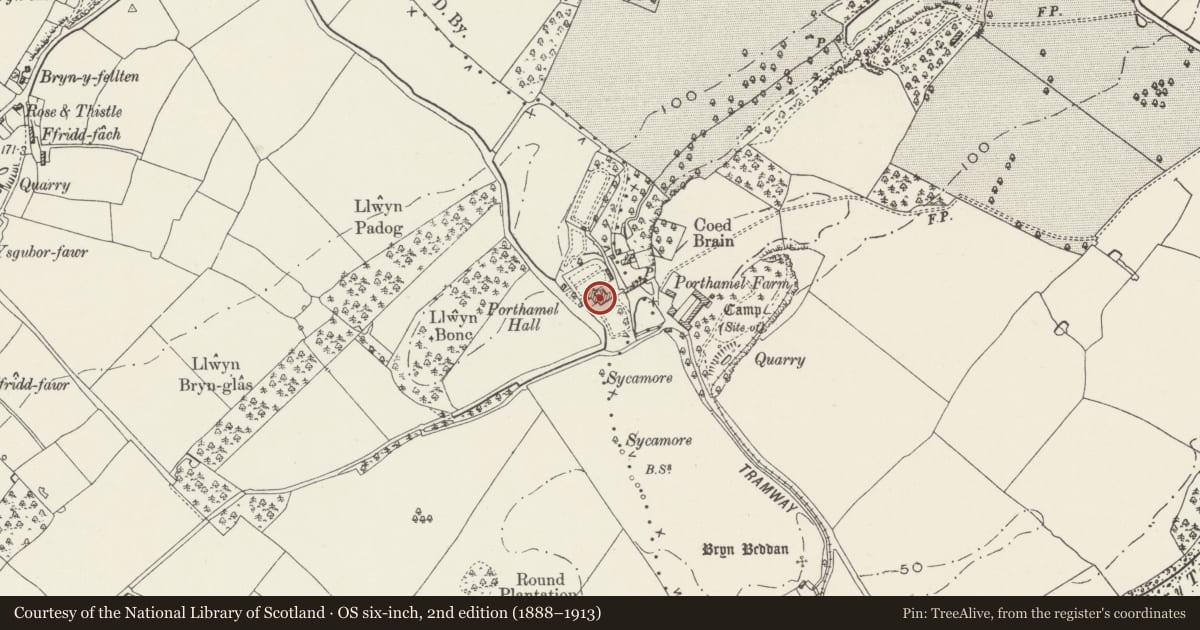 Ordnance Survey six-inch map, 2nd edition (1888–1913) covering the location of Porthamel, Llanidan, Isle of Anglesey, with a pin at the register's coordinates