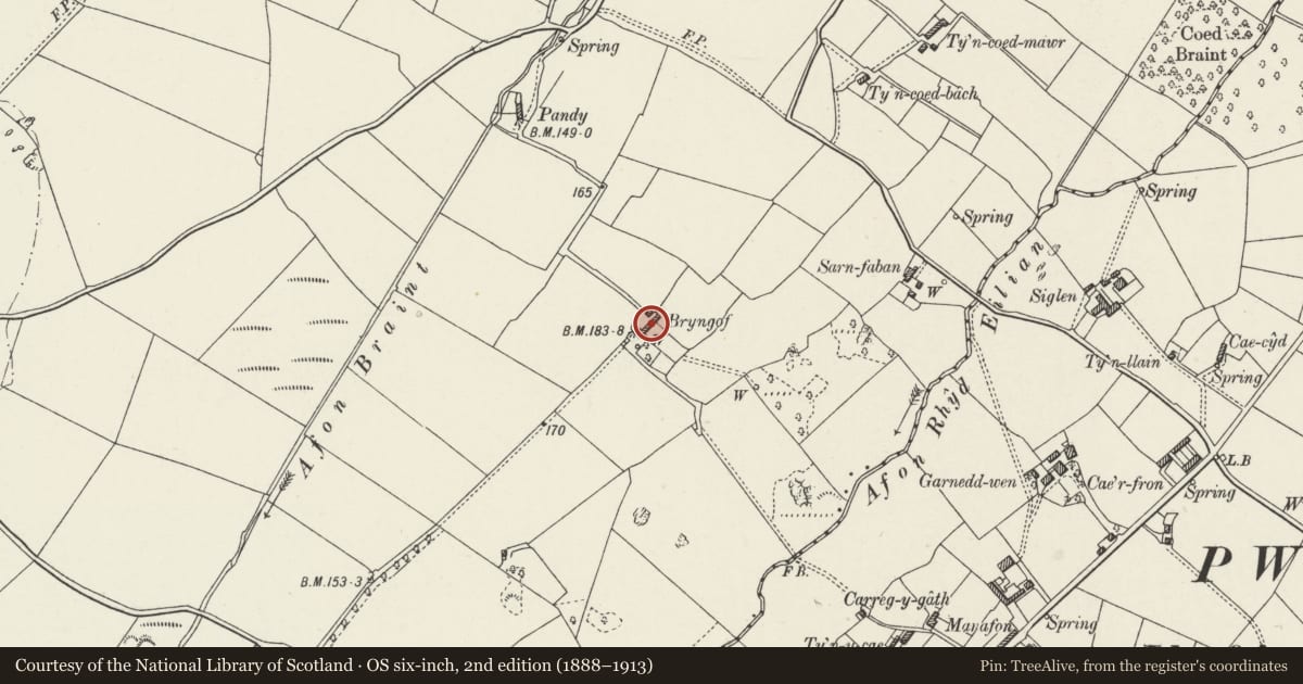 Ordnance Survey six-inch map, 2nd edition (1888–1913) covering the location of Bryngof, Penmynydd, Isle of Anglesey, with a pin at the register's coordinates