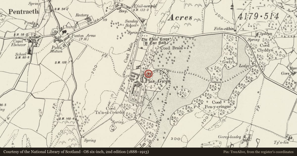 Ordnance Survey six-inch map, 2nd edition (1888–1913) covering the location of Plas Gwyn, Pentraeth, Isle of Anglesey, with a pin at the register's coordinates
