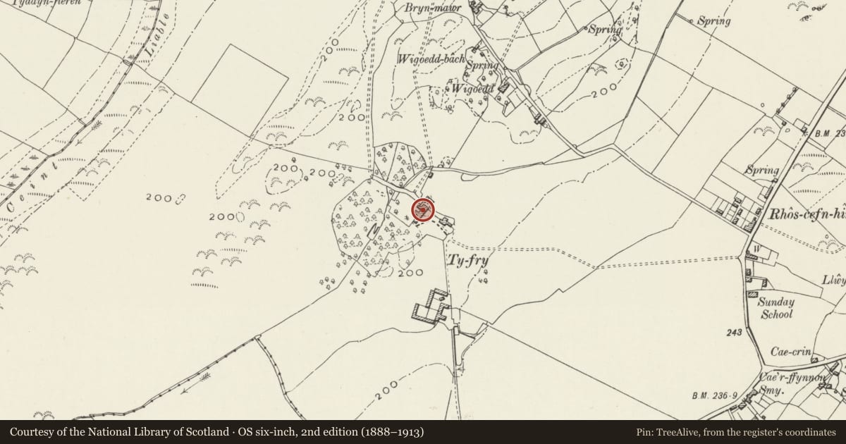 Ordnance Survey six-inch map, 2nd edition (1888–1913) covering the location of Ty Fry, Pentraeth, Isle of Anglesey, with a pin at the register's coordinates